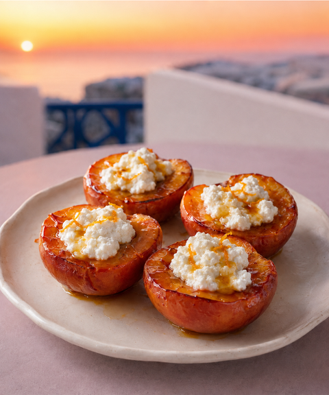 Ofenpfirsiche mit Ricotta und griechischem Edelkastanienhonig auf einer sommerlichen Terrasse