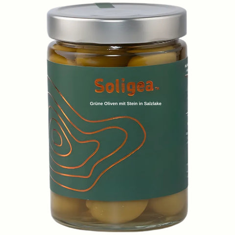 Grüne Oliven mit Stein, Marke Soligea, 310g aus Griechenland