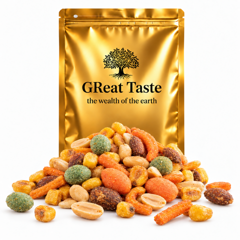 Nussmischung 1250g – Geräucherte Mandeln, Teigmantel-Erdnüsse, Wasabi-Erdnüsse, Reiscracker & Barbecue Mais