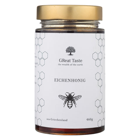 Eichenhonig 460g von GReat Taste the wealth of the earth, Vorderseite des Glases