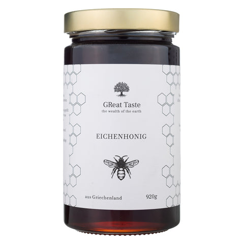 Eichenhonig von GReat Taste the wealth of the earth, Vorderseite des Glases