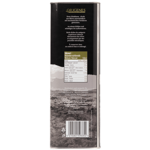 Extra Natives Olivenöl Origenes Mythical Land 5L – Rückseite mit Nährwerten