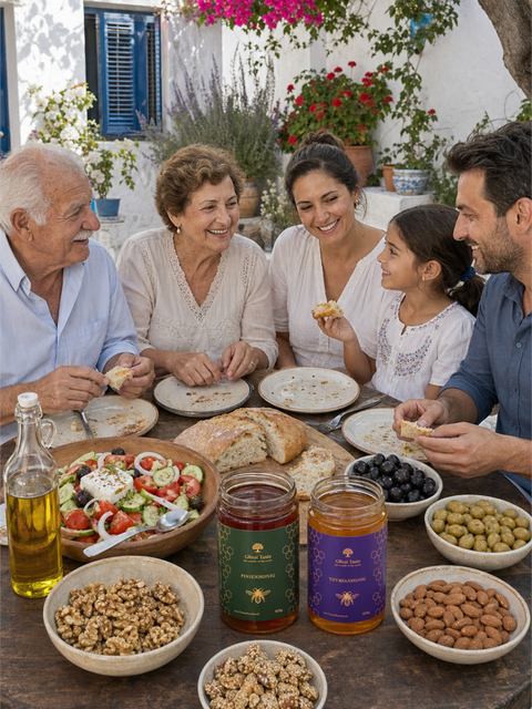 Symbolbild einer griechischen Familie mehrerer Generationen beim gemeinsamen Essen mit Honig, Olivenöl, Oliven und Nüssen