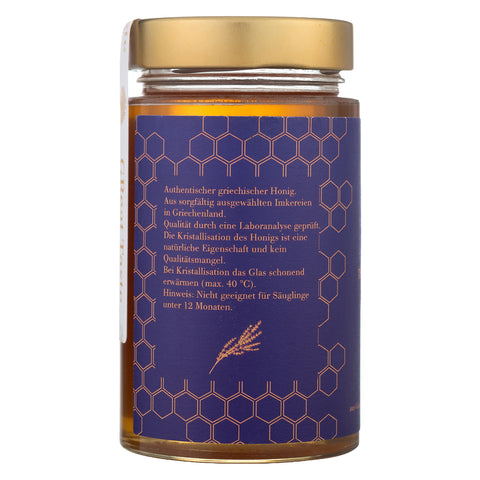 460-g-Glas mit Produktinformationen zum griechischen Thymianhonig von GReat Taste the wealth of the earth, Seitenansicht