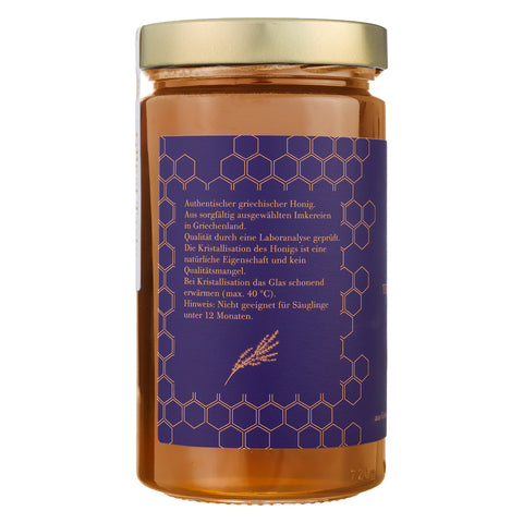 920-g-Glas mit Produktinformationen zum griechischen Thymianhonig von GReat Taste the wealth of the earth, Seitenansicht