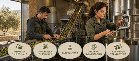 Herstellung von griechischem Olivenöl in einer Olivenmühle mit Olivensortierung und Prüfung des Öls