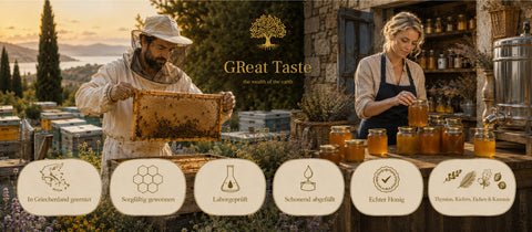 Honiggewinnung in Griechenland mit Imker, natürlicher Bienenwabe, Honiggläsern und schonender Abfüllung durch GReat Taste the wealth of the earth.
