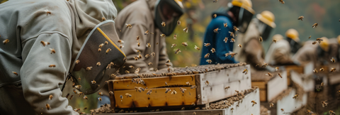 Imker bei der Arbeit an Bienenstöcken mit fliegenden Bienen als Motiv der Kategorie Honig