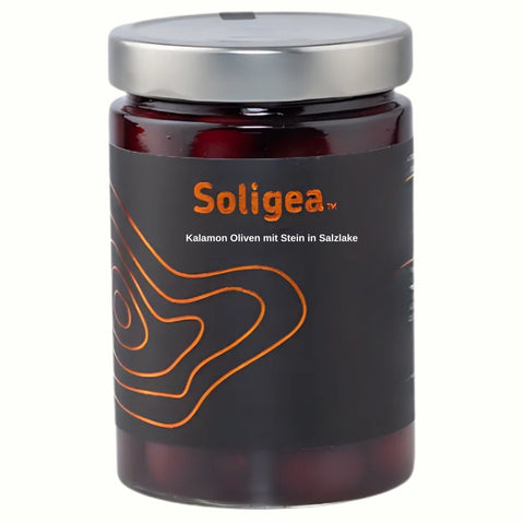 Kalamata Oliven Soligea mit Stein 340 g aus Griechenland Vorderseite