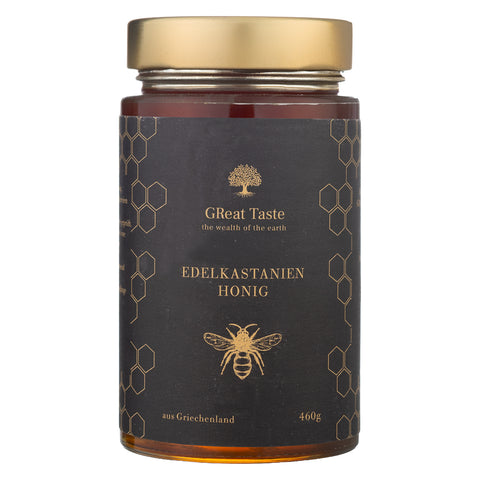 Kastanienhonig 460g von GReat Taste the wealth of the earth, Vorderseite des Glases