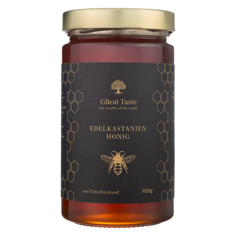 Kastanienhonig von GReat Taste the wealth of the earth, Vorderseite des Glases