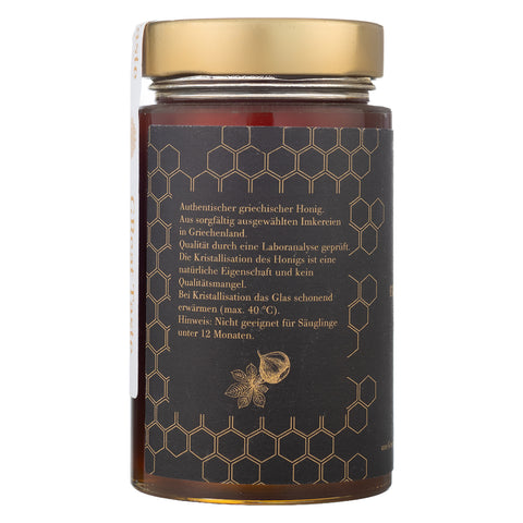 Kastanienhonig 460g im Glas, Seitenansicht mit Produktinformationen
