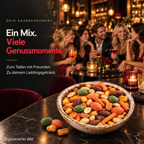 Nussmischung 1250g – Geräucherte Mandeln, Teigmantel-Erdnüsse, Wasabi-Erdnüsse, Reiscracker & Barbecue Mais