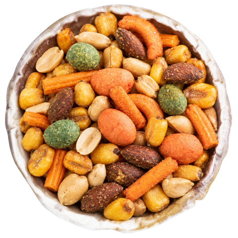 Nussmischung 1250g – Geräucherte Mandeln, Teigmantel-Erdnüsse, Wasabi-Erdnüsse, Reiscracker & Barbecue Mais