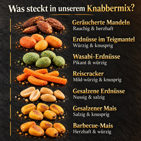 Nussmischung 1250g – Geräucherte Mandeln, Teigmantel-Erdnüsse, Wasabi-Erdnüsse, Reiscracker & Barbecue Mais