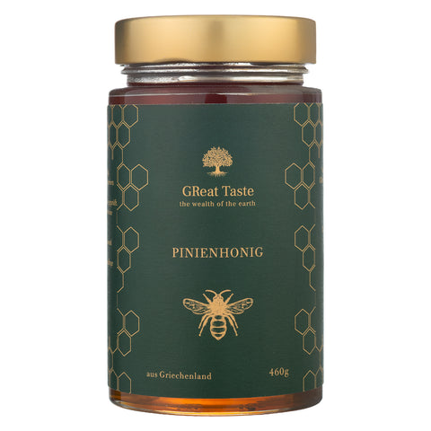 Pinienhonig 460g von GReat Taste the wealth of the earth, Vorderseite des Glases
